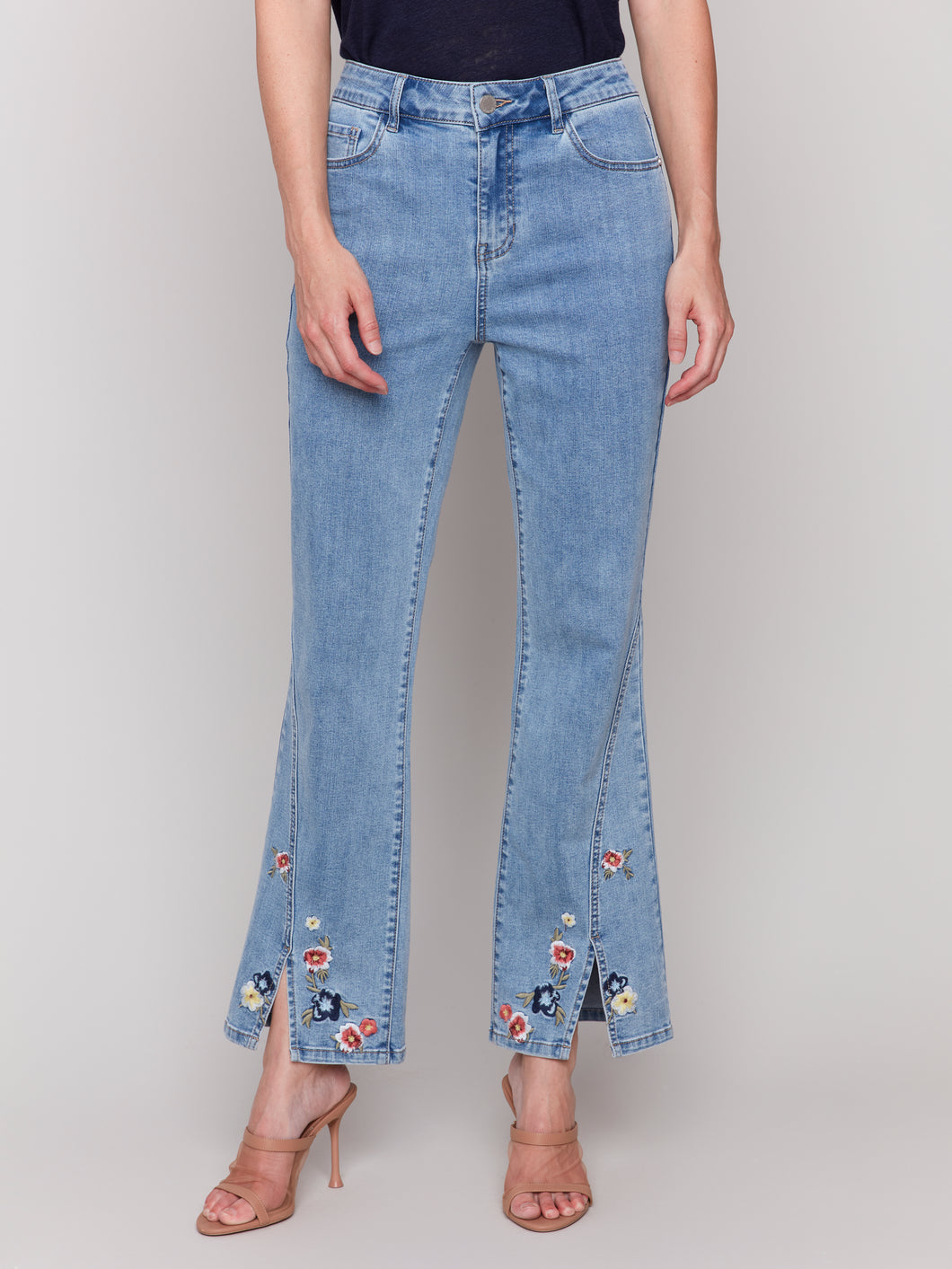 Charlie B - C5653 - Front Slit Embroidered Pant - Lt Blue