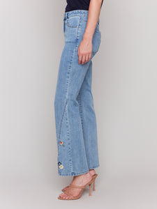 Charlie B - C5653 - Front Slit Embroidered Pant - Lt Blue