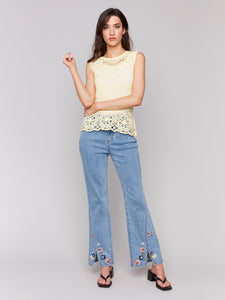 Charlie B - C5653 - Front Slit Embroidered Pant - Lt Blue