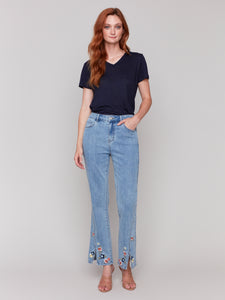 Charlie B - C5653 - Front Slit Embroidered Pant - Lt Blue