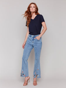 Charlie B - C5653 - Front Slit Embroidered Pant - Lt Blue