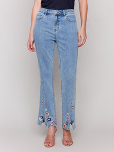 Charlie B - C5653 - Front Slit Embroidered Pant - Lt Blue