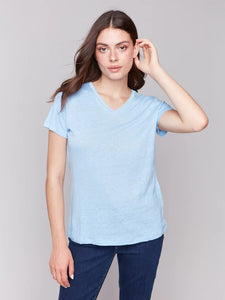 Charlie B - C1231TPK - Short Sleeves V Neck Linen T-Shirt - Bluebell