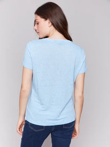 Charlie B - C1231TPK - Short Sleeves V Neck Linen T-Shirt - Bluebell