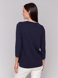 Charlie B - C1293ZPK - Organic Cotton Slub 3/4Sleeve Knit - Navy