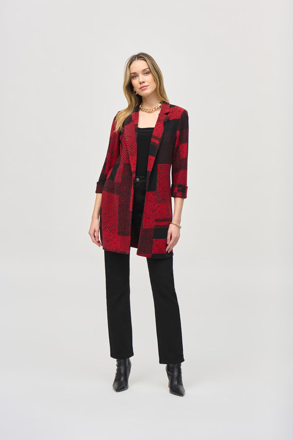 Joseph Ribkoff - 243309 - Sweater Knit Patchwork Print Blazer - Black/Red